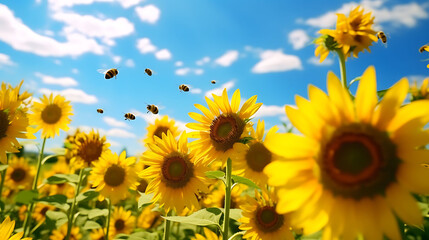 A panoramic view of a sunflower field with bees buzzing among the blossoms.
