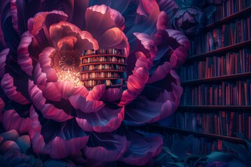A photo of a hidden library nestled within a giant blooming flower, its shelves overflowing with glowing books. - obrazy, fototapety, plakaty