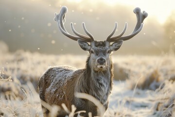 A majestic stag with frost-covered antlers standing in a field dusted with sparkling frost crystals.