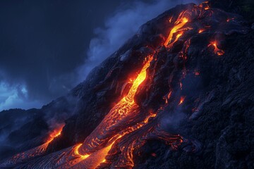 A molten lava flow cascading down a volcanic mountainside, illuminating the night with an orange glow. - obrazy, fototapety, plakaty