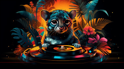 Neonlit animal DJ retro turntables vibrant jungle creature spinning records wideangle wild fusion of nature and vintage beats  graphic design