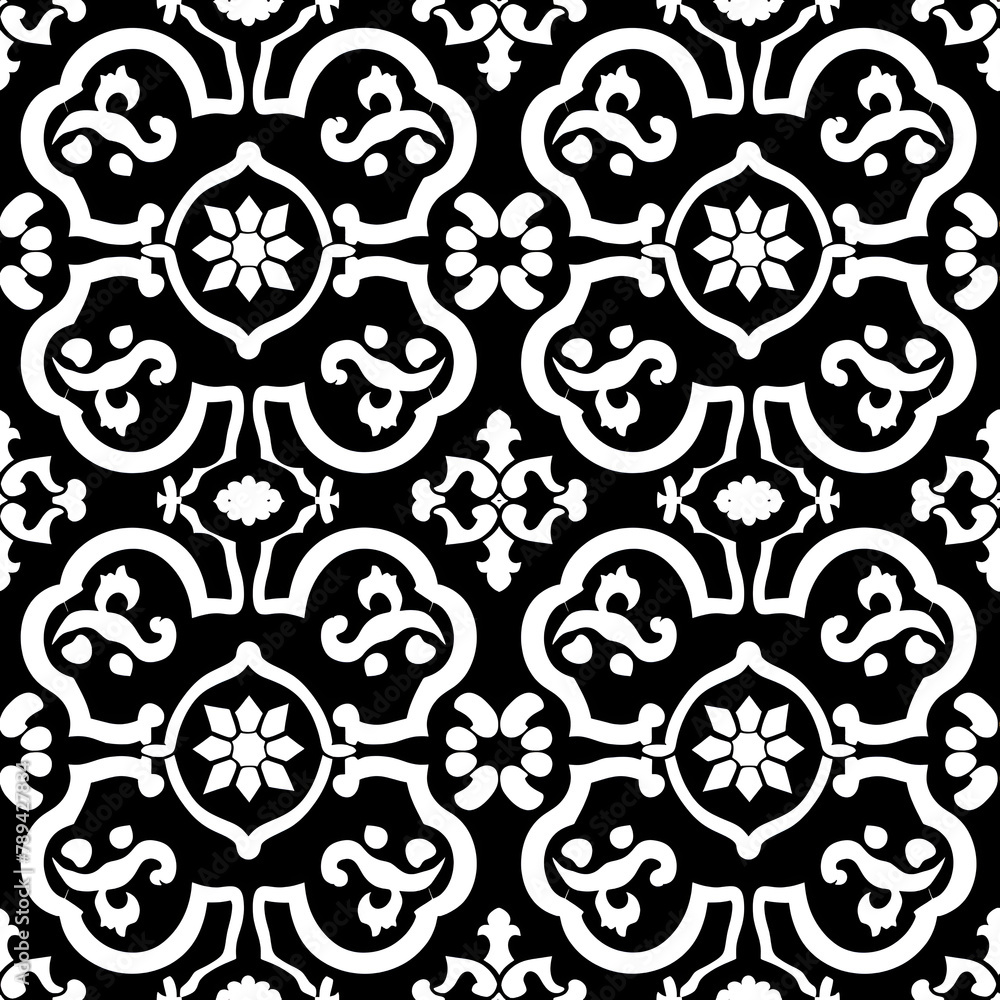 Poster a black and white patterned design with flowers and leaves. the design is very intricate and detaile
