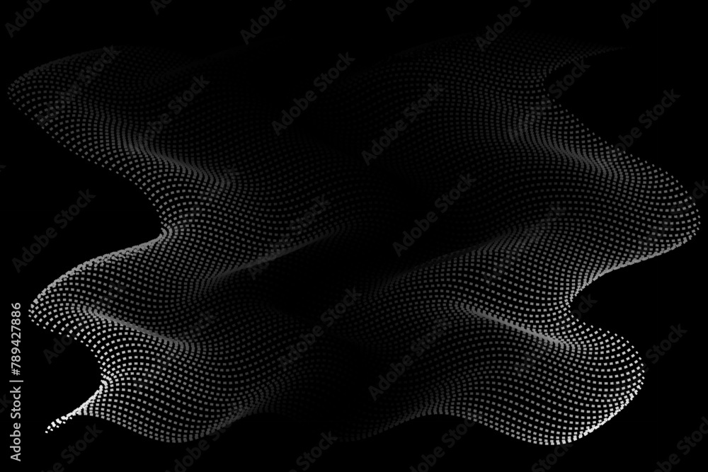 Fototapete particles wave flowing dots pattern gradient curve shape isolated on black background. wave with lin