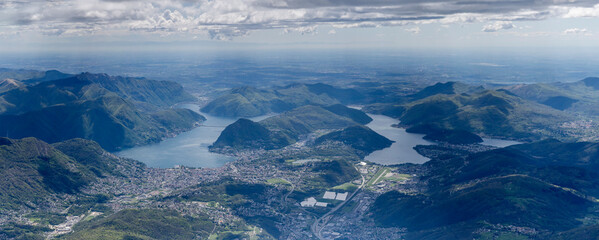 Lugano lake and town aerial from north, Switzerland