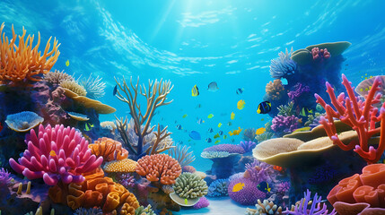 A panoramic view of a vibrant coral reef teeming with colorful marine life.
