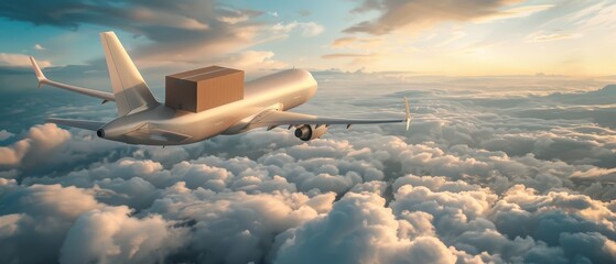 A paper box cargo plane flying over clouds. Business logistics, transportation industry. Creative idea concept. 3d rendering. - obrazy, fototapety, plakaty