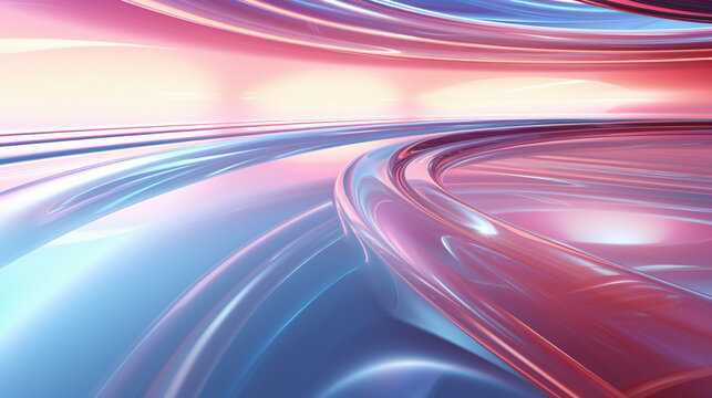 Reflective floor with a radiant pink and blue arc birda  seye view harmonious colors sleek futuristic visually soothing  3D render