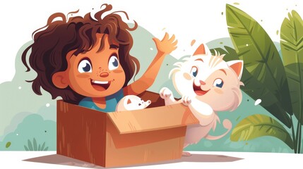 Obraz premium A poster of a cute white cat in a cardboard box and a happy girl. Modern banner with cartoon illustrations of a child greeting a white cat in a carton box.