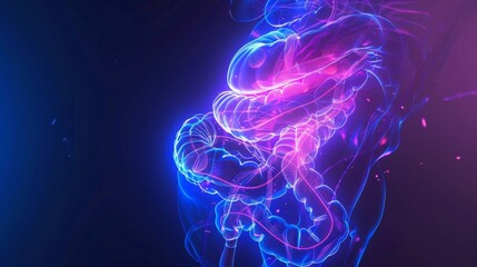Illustration of a futuristic medical hologram neon glow background with a transparent human stomach digestive system