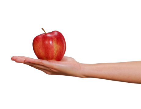 Hand holding red apple isolated on transparent layered background.