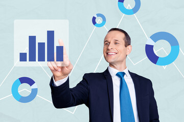 Sketch image composite trend artwork photo collage of office manager success guy develope project show result graphics stats diagram