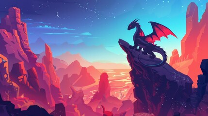 The spooky magic beast of a fairytale stands on a cliff with wings in the middle of a red desert landscape with rocks at night. Modern cartoon fantasy illustration of the spooky magic beast. - obrazy, fototapety, plakaty