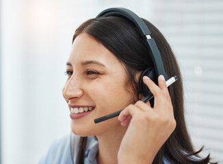 Callcenter, contact us or woman consulting in office in customer support, crm or b2b networking....