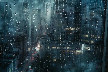 A photorealistic close-up of a window pane, with streaks of raindrops cascading down and a cityscape reflected in the glistening surface. - Powered by Adobe