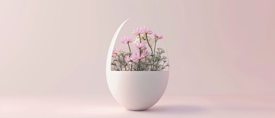 Flowers growing in white Easter eggs. Creative concept. Minimal design. 3D rendering.