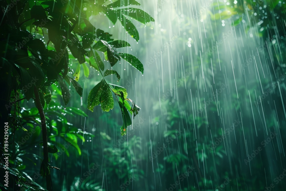 Poster a photo of a lush rainforest canopy dripping with rainwater, sunlight filtering through the leaves t