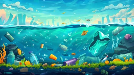 Obraz na płótnie Canvas An ocean bottom with plastic trash. Package wastes, bags, bottles floating in the water. Environmental protection, underwater pollution concept. Modern illustration.