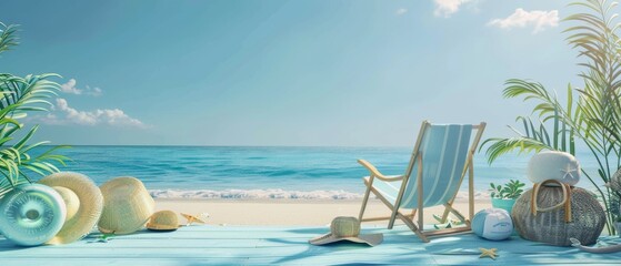 Obraz premium Mockup of summer beach scene with blue background in 3D.