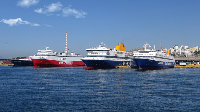 Famous busy port of Piraeus a popular dock for passenger ferries to Aegean destination islands, Attica, Greece