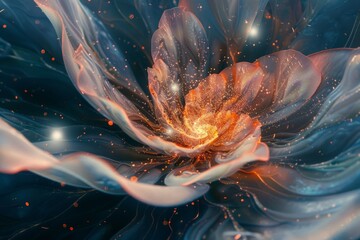 A photorealistic close-up of a flower with translucent petals, revealing a miniature galaxy swirling within its center. - obrazy, fototapety, plakaty