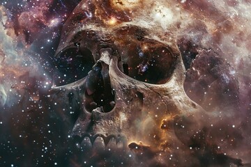 A photorealistic close-up of a human skull composed entirely of swirling galaxies and nebulas.
