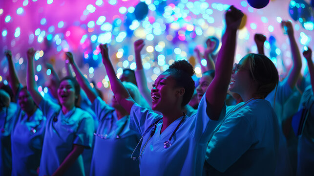 nurses of diverse backgrounds cheering with their hands up  to the  accolades for their outstanding contributions to healthcare on National Nurses Day