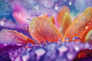 A photorealistic close-up of a single raindrop splashing onto a colorful flower petal, sending shimmering droplets flying.