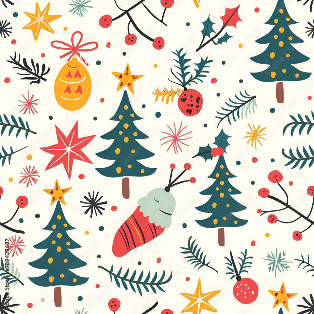 Poster a christmas tree pattern with many trees and a hat on top. the hat is red and gold. generative ai