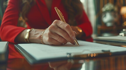 Focusing on hand signing legal document on desk in office, woman, checking and sign paper works, business agreement and environmental protection bond