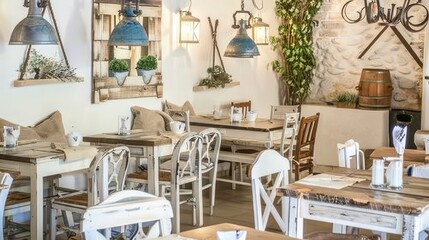 Tables and chairs in a cozy restaurant