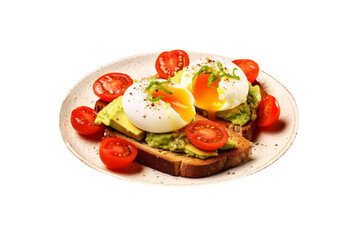 Healthy breakfast with whole wheat toast,mashed avocado,tomato and egg boiled on plate isolated on transparent background.