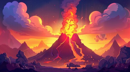 A volcanic eruption with hot lava, fire, and smoke at sunset. Modern parallax background with cartoon landscape with rocks and volcanic eruption with magma.
