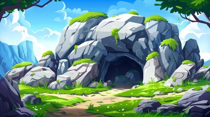 Green moss covers the rocks around cave entrance. A grotto, underground tunnel or cavern, summer landscape with fantasy surroundings. Illustration of a hollow or fantasy background. Cartoon.