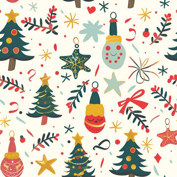 A colorful Christmas scene with trees, stars, and ornaments. Scene is festive and joyful, perfect for the holiday season. Generative AI