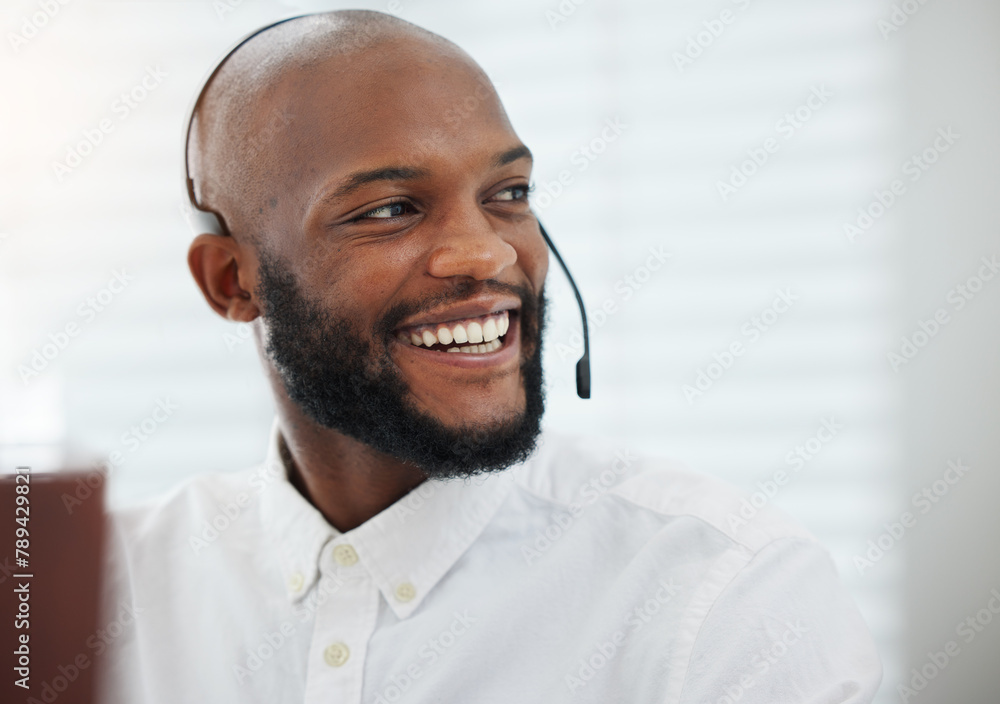 Poster Face, laughing or black man consulting in call center talking or networking online in telecom headset. Smile, sales support or virtual assistant in communication or conversation at customer services