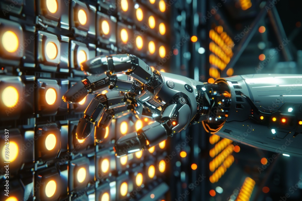 Poster a robotic hand with a sinister appearance reaching out of a computer screen, grasping for data in th
