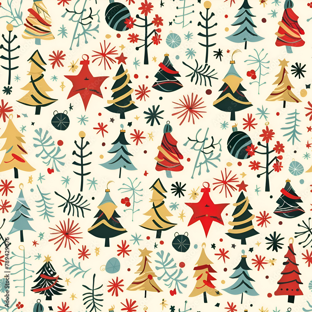 Aufkleber a christmas tree pattern with many trees and decorations. generative ai