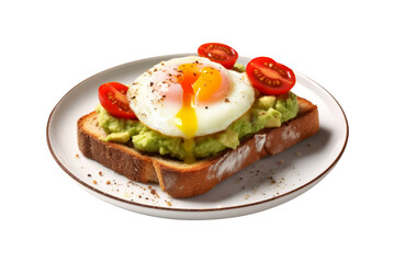 Healthy breakfast with whole wheat toast,mashed avocado,tomato and egg boiled on plate isolated on transparent background.
