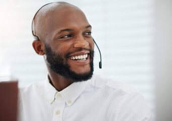 Face, laughing or black man consulting in call center talking or networking online in telecom...