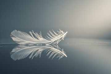 A single, metallic feather floating in mid-air, casting a long shadow on a smooth, reflective surface. - obrazy, fototapety, plakaty