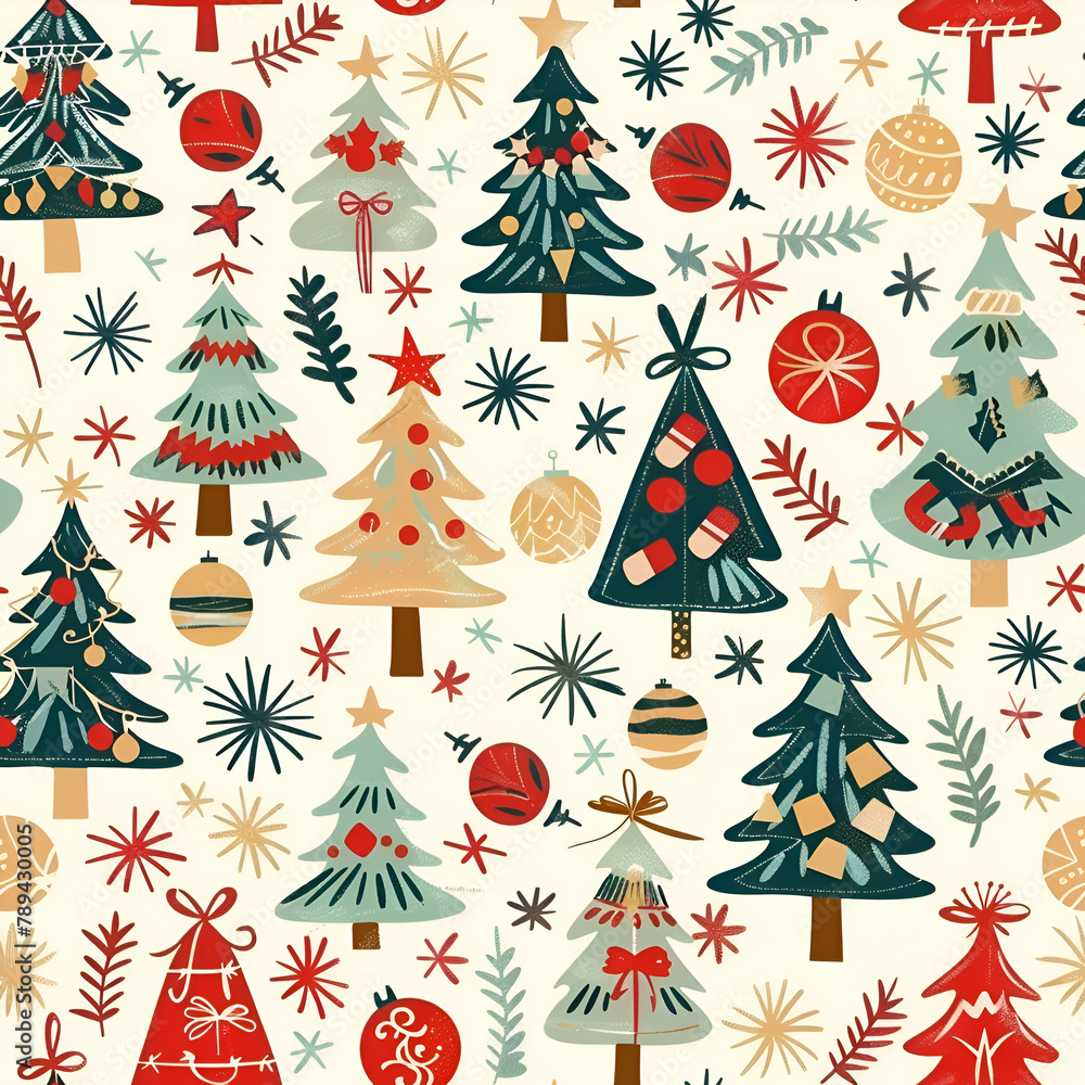 Aufkleber a christmas tree pattern with many trees and decorations. generative ai