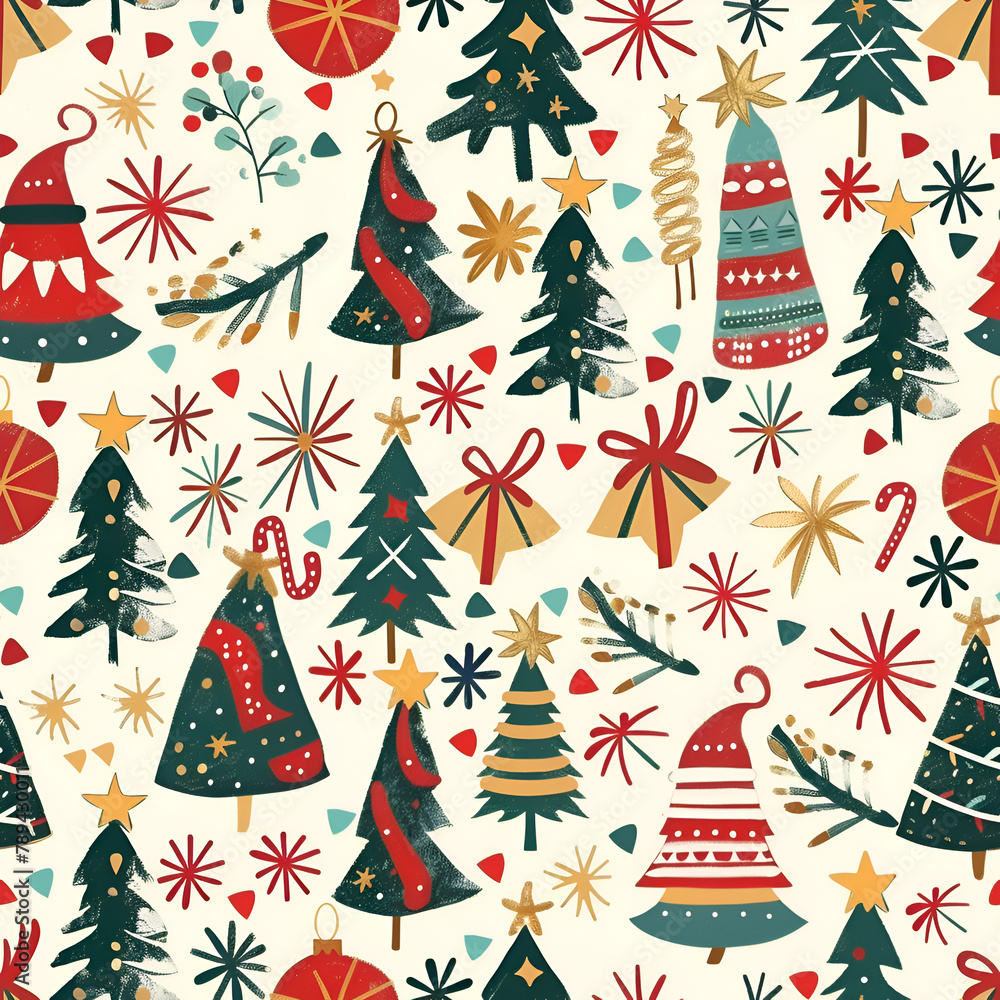 Aufkleber a christmas tree pattern with many trees and decorations. generative ai