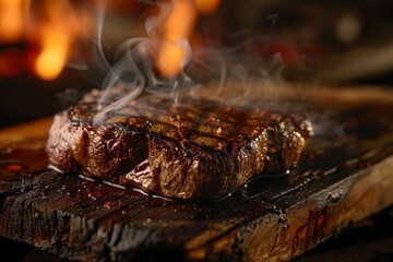 A thick-cut bone-in cowboy steak cooked on a barbecue grill, with char marks and smoke rising, served on a wooden cutting board.