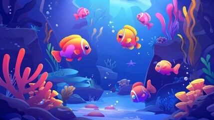 Fototapeta na wymiar The sea life cartoon banner features cute tropical fishes at coral reef underwater background for a book or game cover. Underwater wildlife with seaweed will grow on rocks, in modern form.