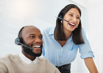 Training, laughing or people consulting in call center for advice, talking or networking online in...