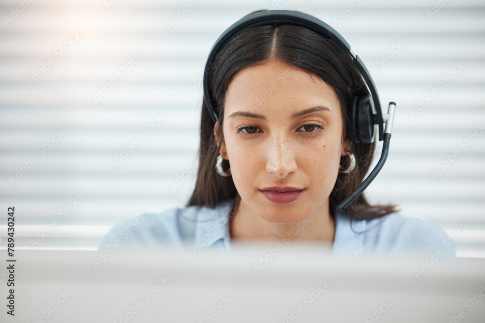 Poster Computer, serious or face of woman consultant in call center talking or networking online in telecom office. Contact us, reading or virtual assistant in communication for research at customer service