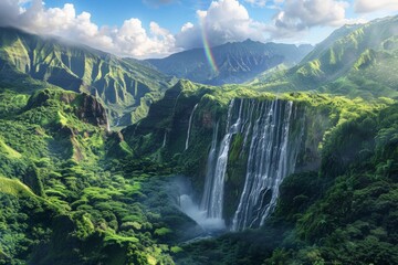 A photorealistic image of a waterfall cascading down a lush green mountainside, with mist rising from the plunge pool and a rainbow arcing across the sky.