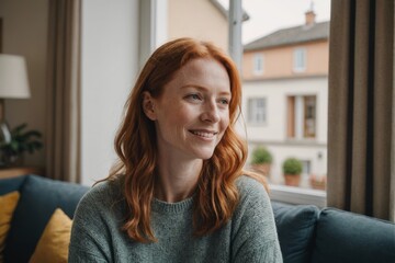 A happy ginger Caucasian woman spending time at home, in living room, looking out of the window