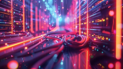 An abstract depiction of a data server network, with neon lights tracing the paths of data transfer between servers, creating a visual metaphor for the high-speed digital communications.