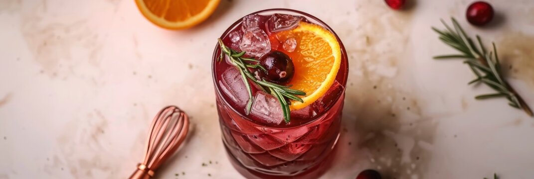 Orange Cranberry Rosemary and Vodka cocktail, copper bar tools, beige background, hard light, top view , highlighting its striking features, Banner Image For Website, Background, Desktop Wallpaper